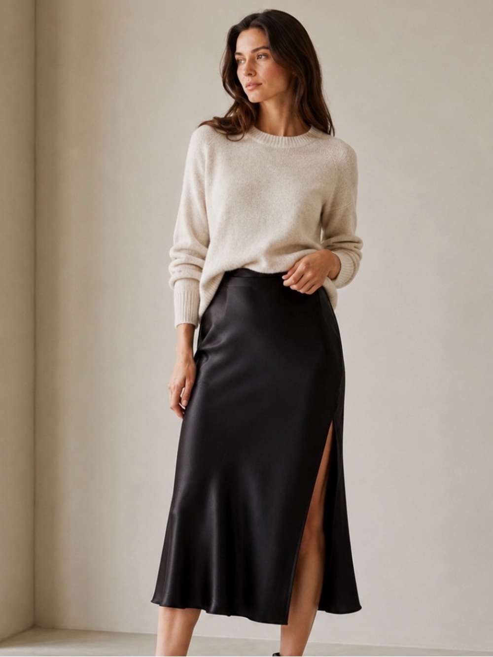 LILYSILK Black 100% Mulberry Silk Bias Cut Midi Skirt Side Slit Size 4 - Picture 1 of 15